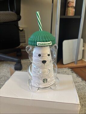 Starbucks Clear Bear Tumbler with Green Knit-Style Lid and Striped Straw
